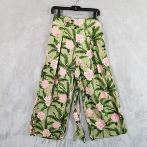 Aquabendita‎ Target Pants Women M Linen Floral Wide Leg Pleated Tie Front Boho